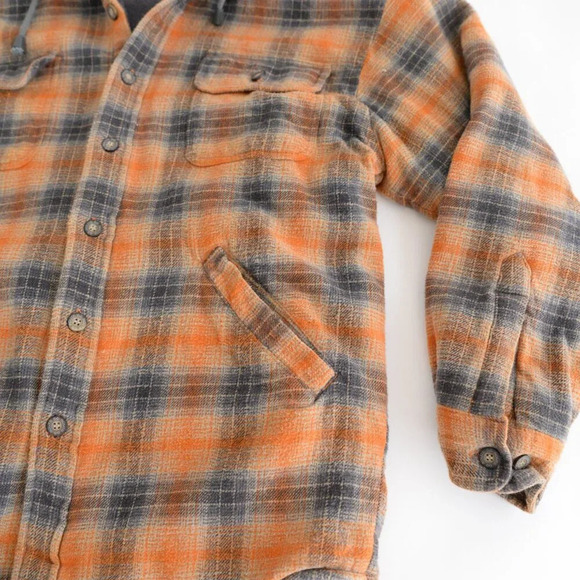 VTG Route 66 Orange And Gray Plaid Fleece Lined Button Up Hooded Sweater  Jacket - Picture 5 of 11